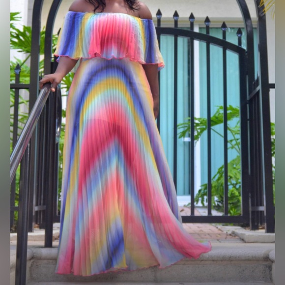 Rainbow Multi pleated off shoulder maxi - Picture 3 of 3
